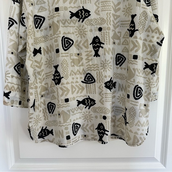 Vintage Two Potato Laguna Beach Men’s Shirt Band Collar Fish Ethnic Print Size L - Picture 8 of 11